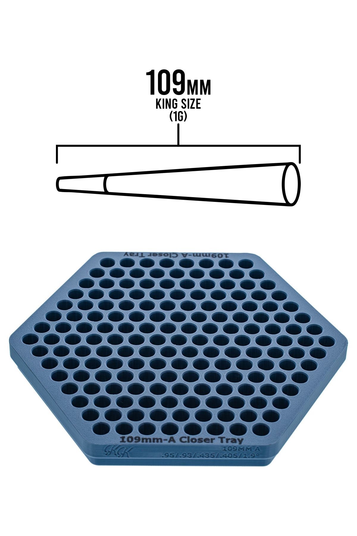 109mm King Size cone size reference chart for the King Kone Dutch Crown Closer receiving tray