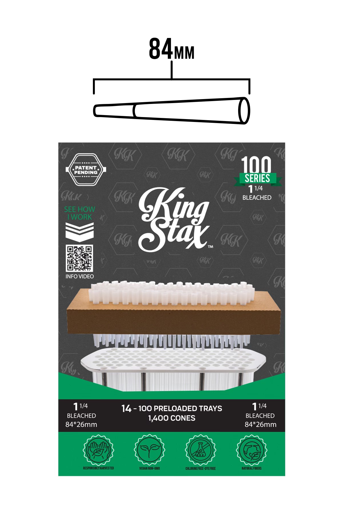 King Stax 100 Series – 84MM Cones (Bleached) – 1,400 Cones/box