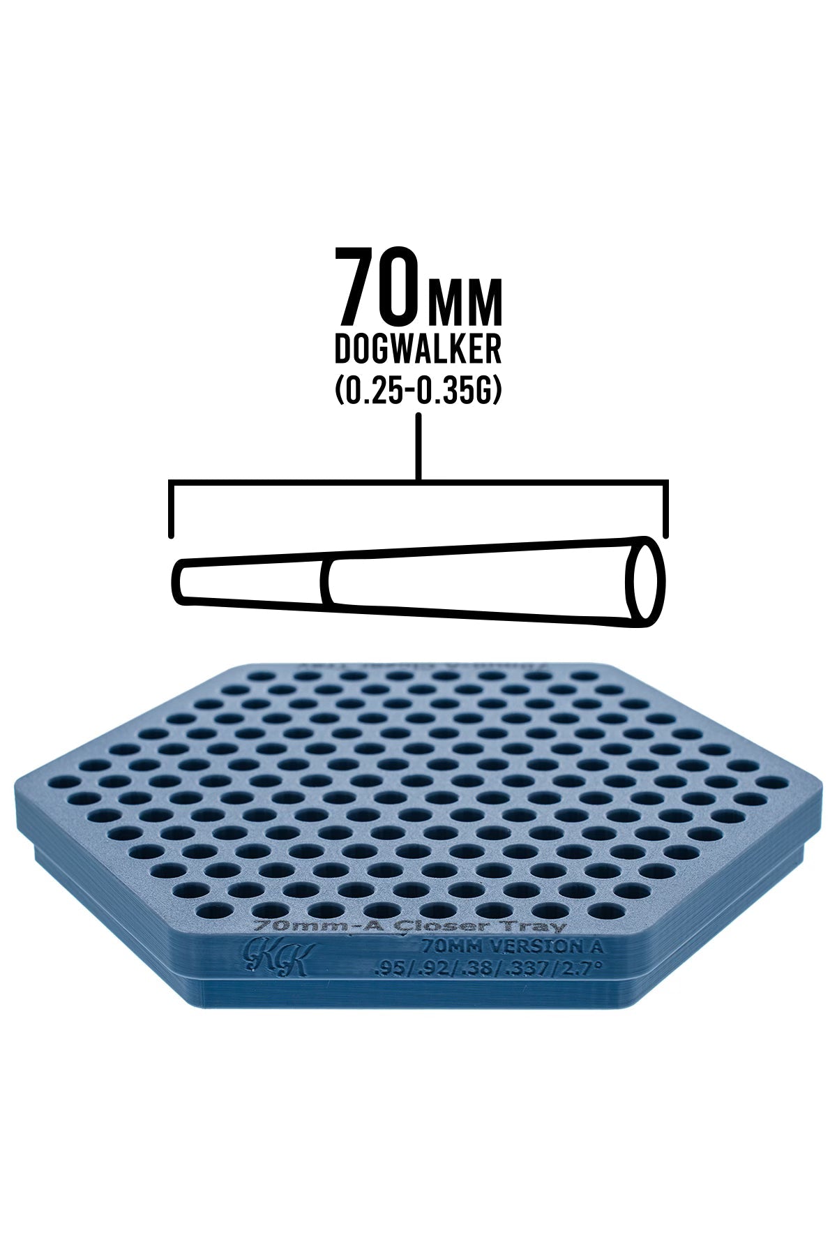 70mm Dog Walker cone size reference chart for the King Kone Dutch Crown Closer receiving tray