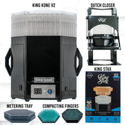 King Kone V2 machine shown with included accessories and packaging on a white background, including a Dutch Closer, King Stax box, metering tray, compacting fingers, and the main machine.