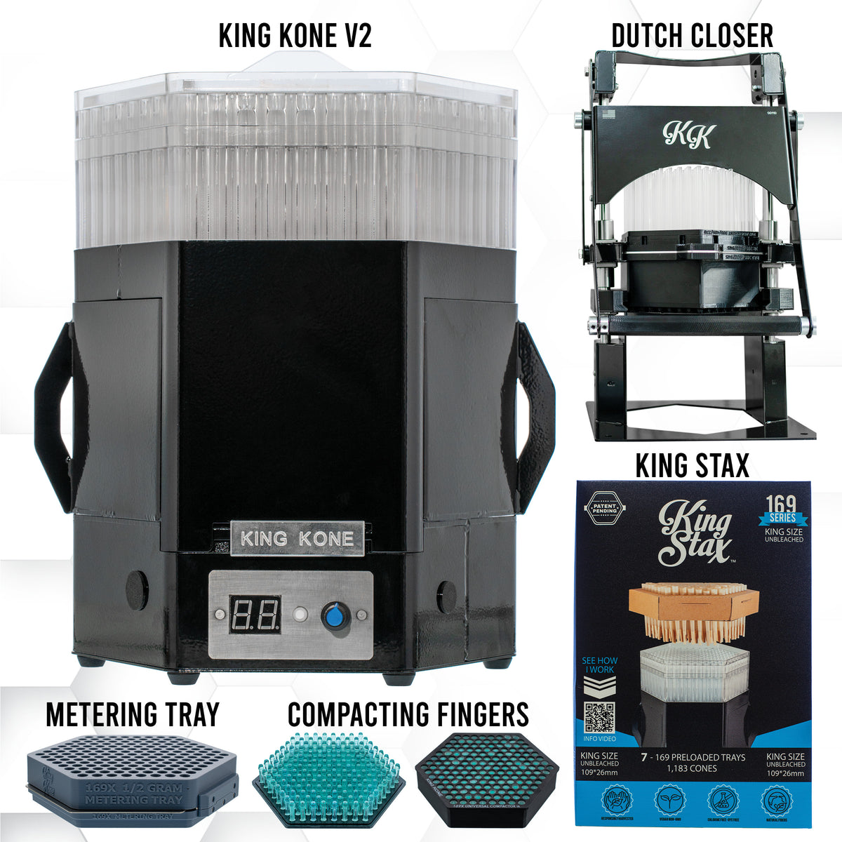 King Kone V2 machine shown with included accessories and packaging on a white background, including a Dutch Closer, King Stax box, metering tray, compacting fingers, and the main machine.