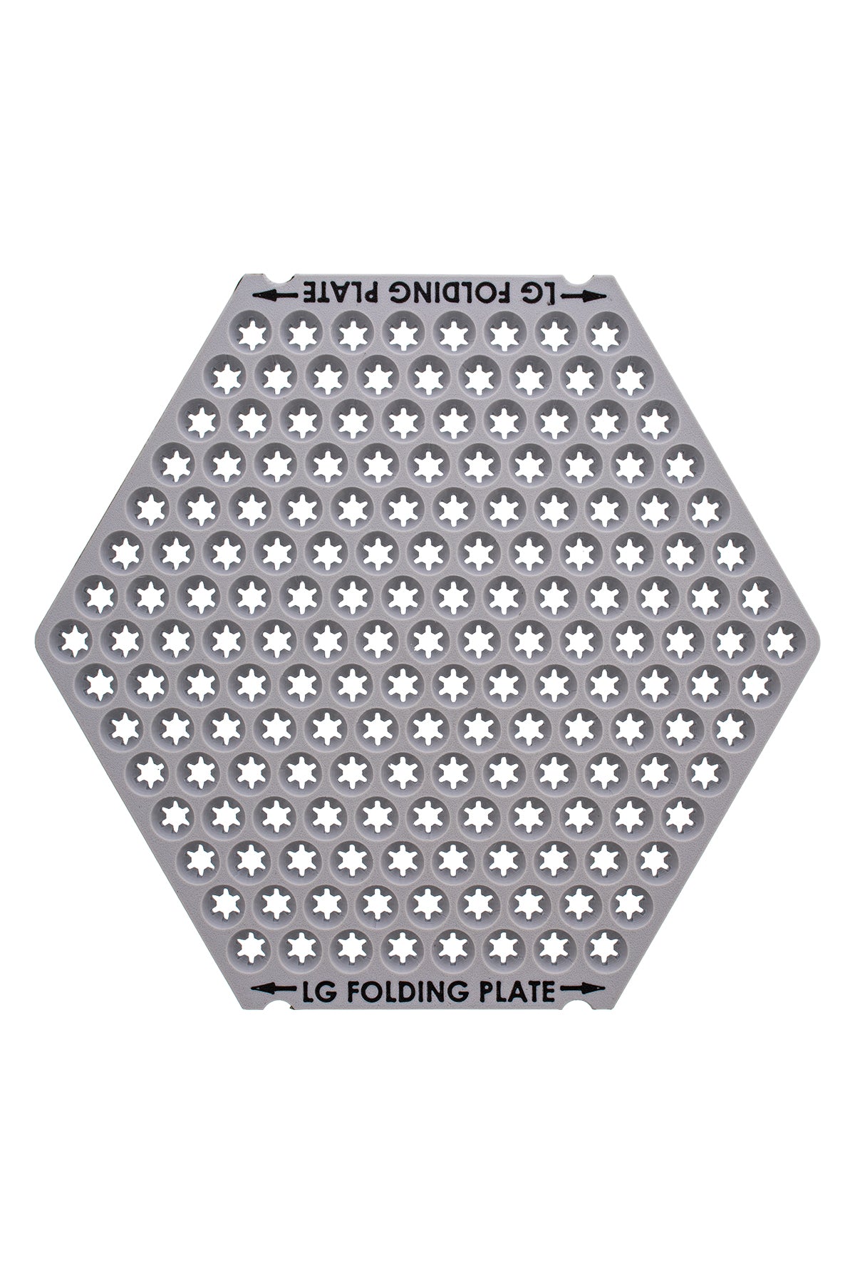 Top View, 90° Overhead. Shows the full hexagonal plate, star-shaped openings, and “LG FOLDING PLATE” labels.