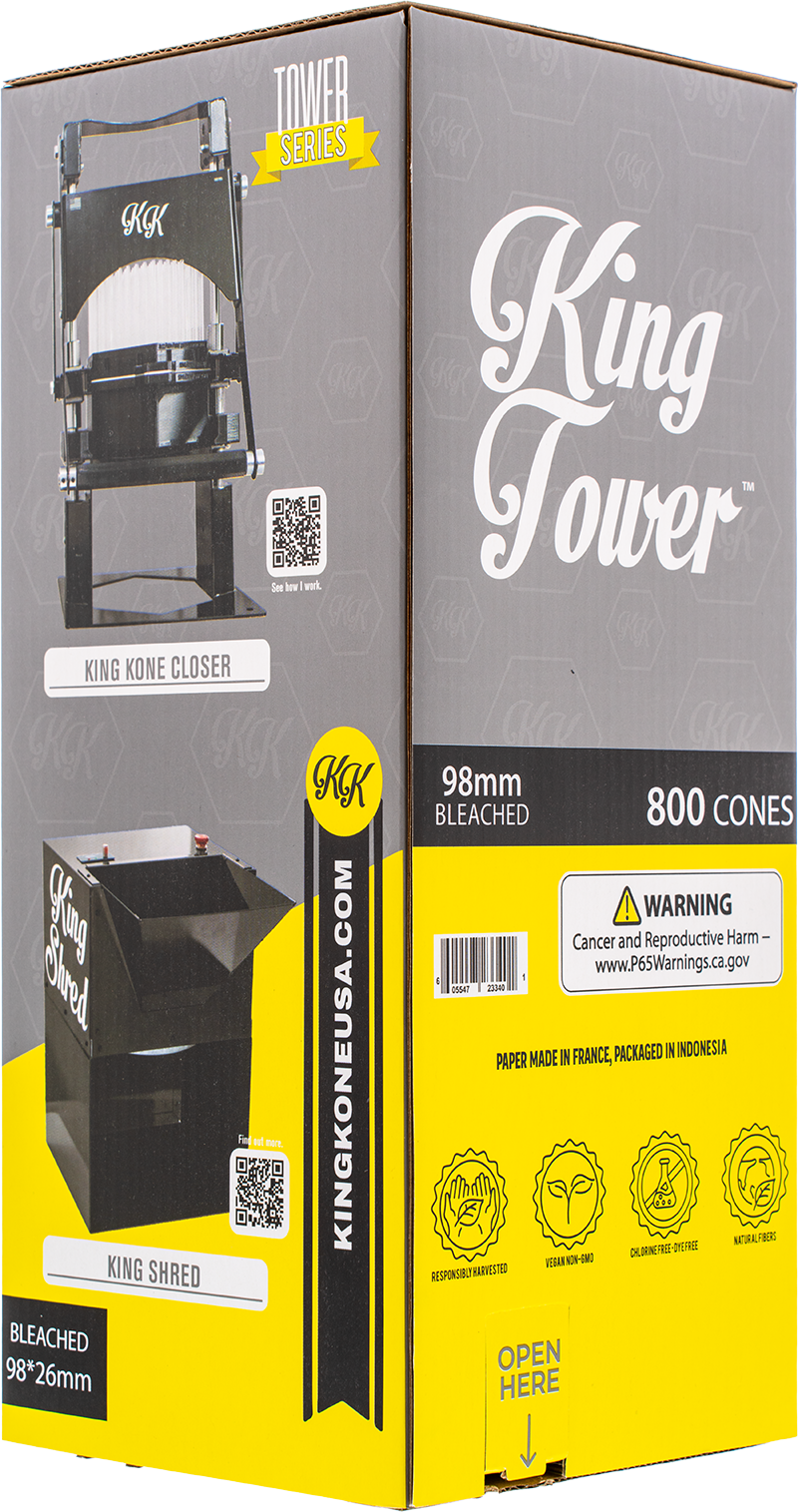 King Tower Series Tower Kine Closer box packaging, featuring a gray and yellow design with product images of the bleached 98mm 800-cone King Kine Closer and King Kine Shaper.