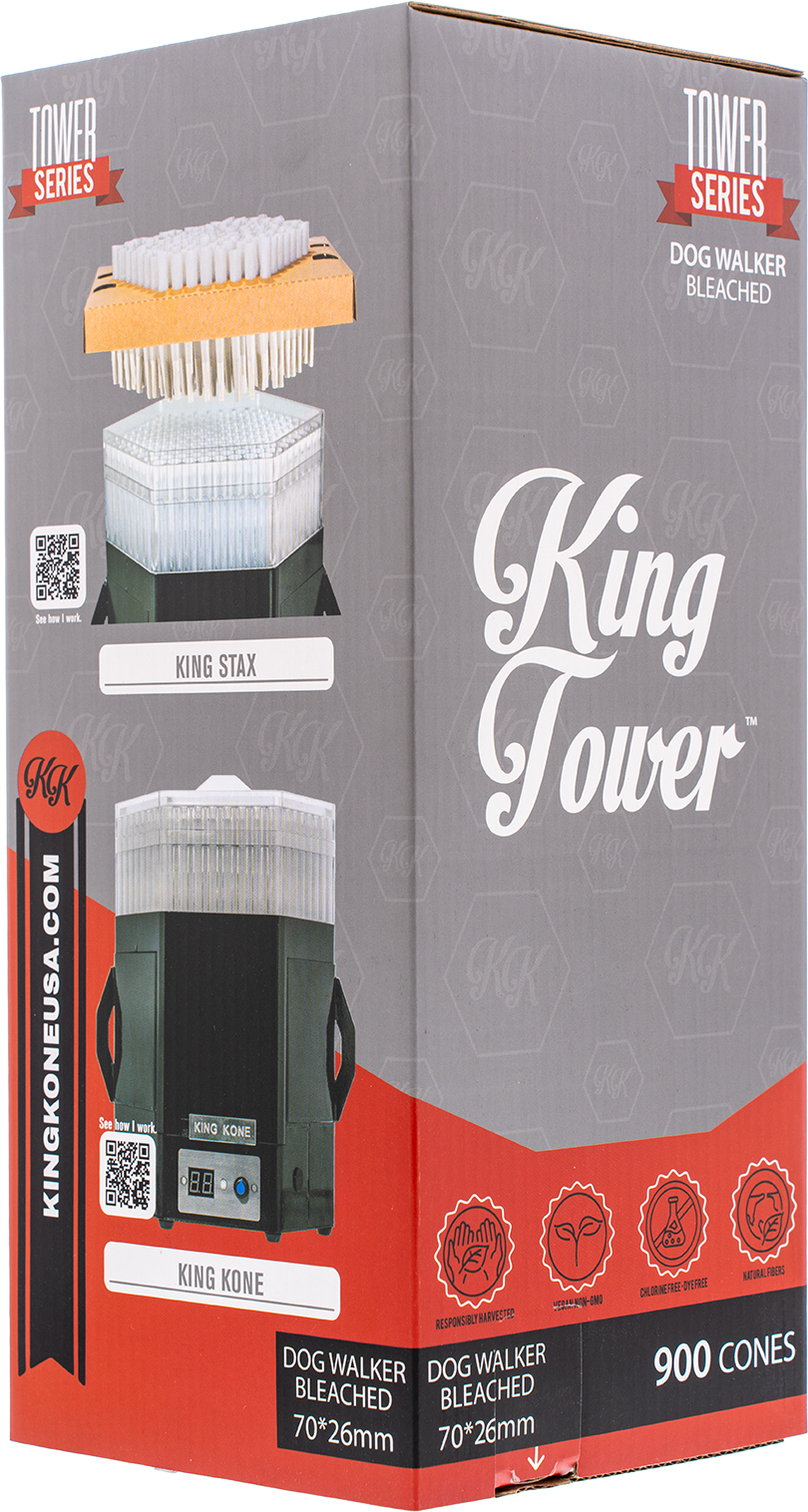 King Tower dog walker bleached box in the Tower Series, showing product images of the King Stax and King Cone models on a gray and red packaging design.