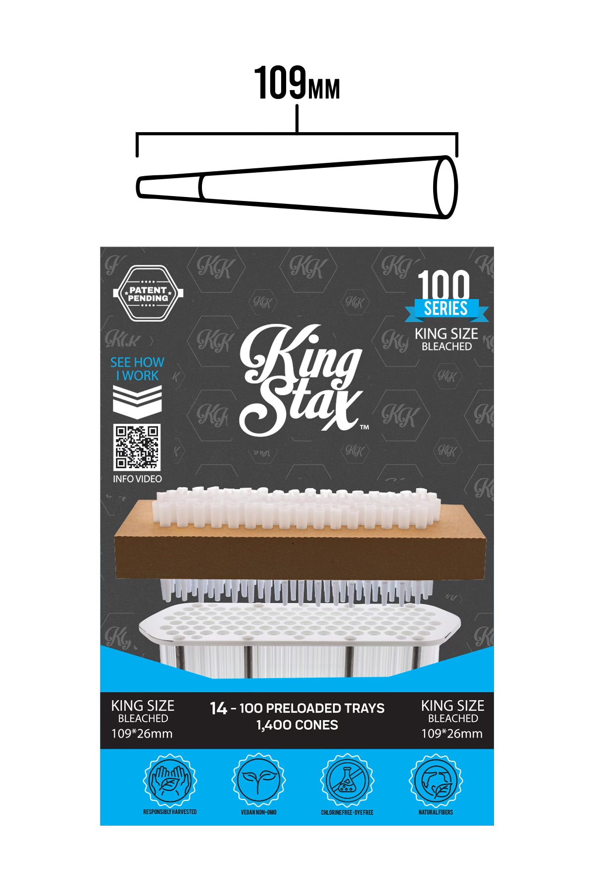 King Stax 100 Series – 109MM Cones (Bleached) – 1,400 Cones/box