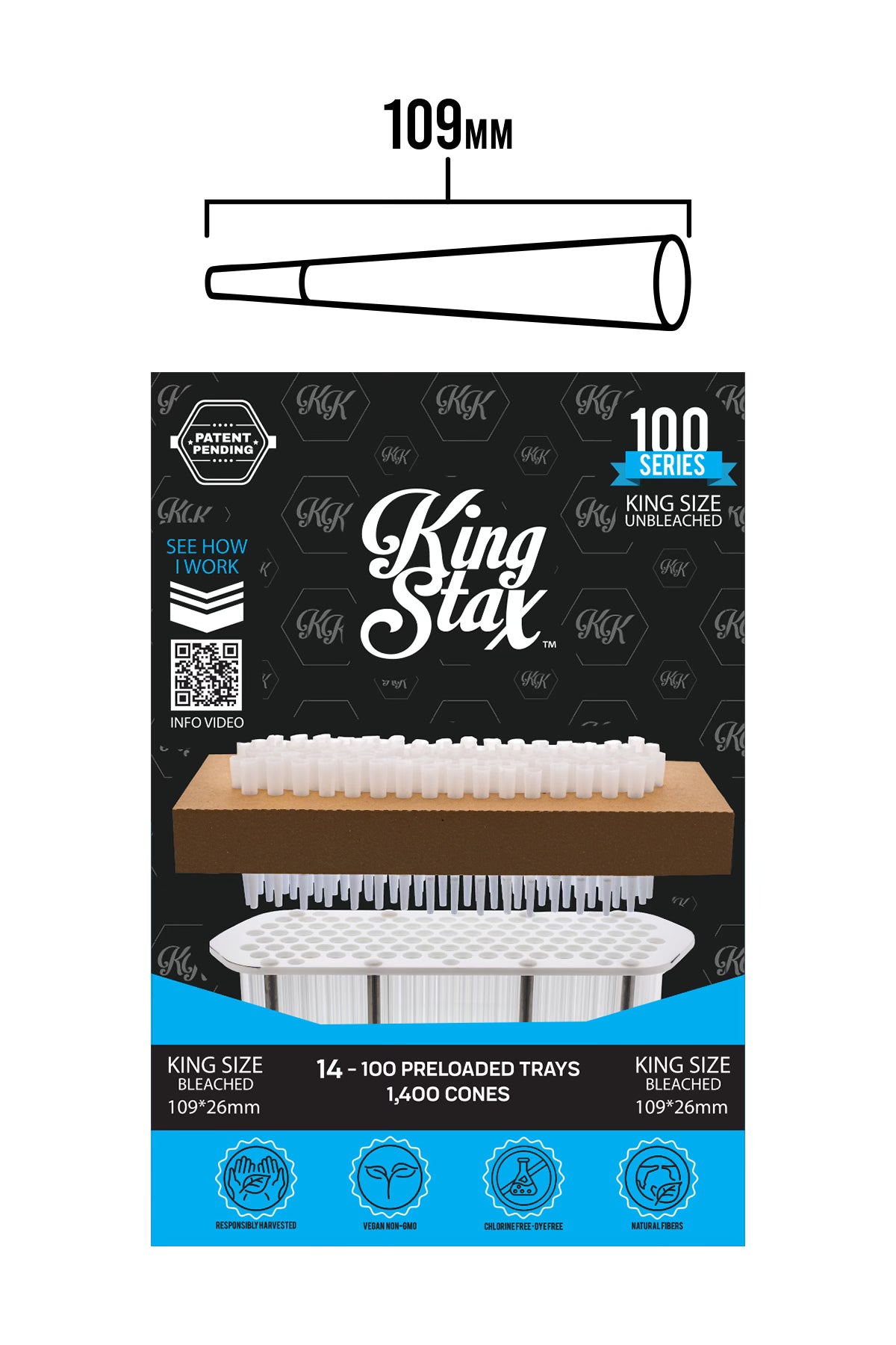 King Stax 100 Series – 109MM Cones (Unbleached) – 1,400 Cones/box