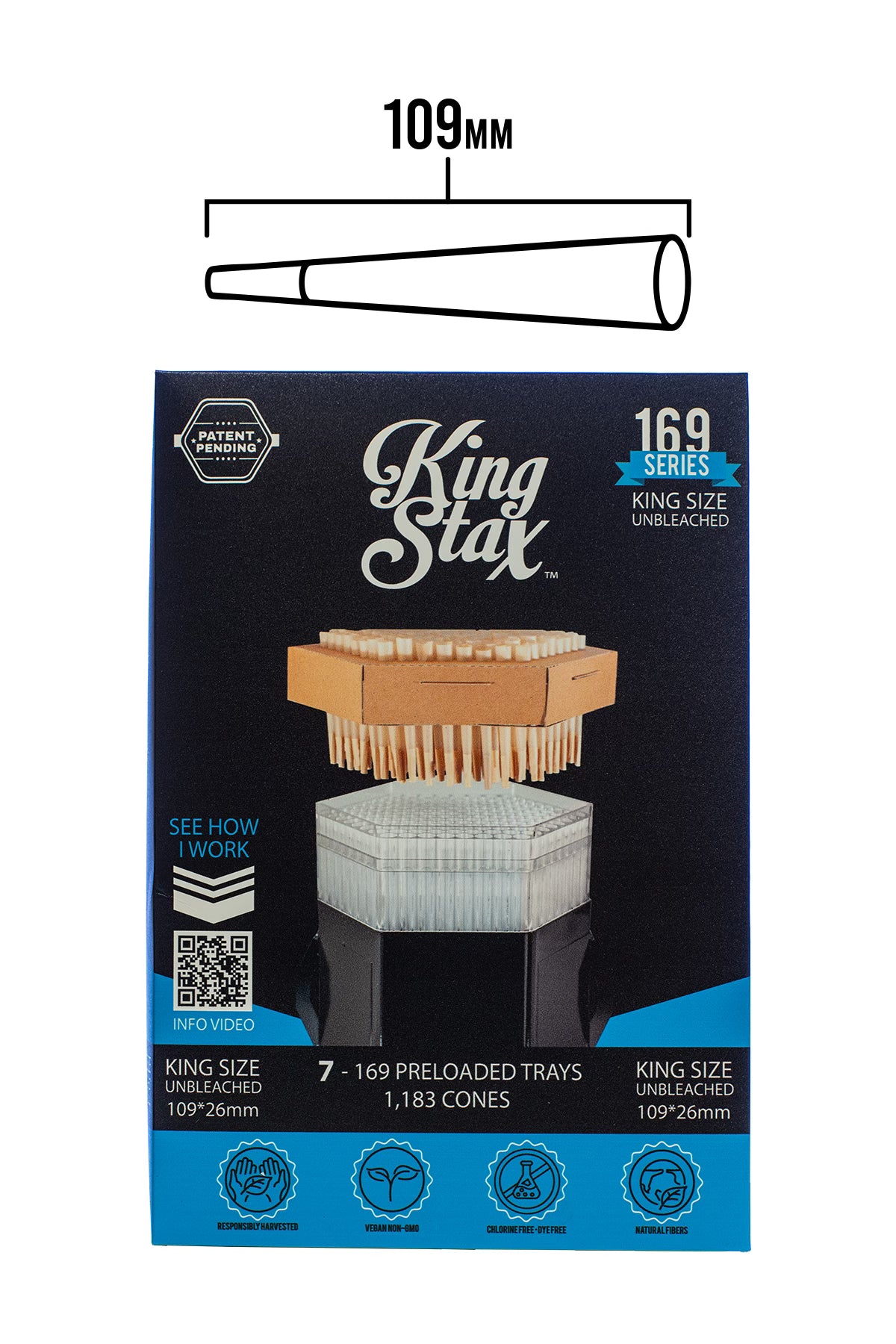 King Stax 169 Series Pre-Rolled Cones – 109mm (Unbleached) – 1,183 Cones/box