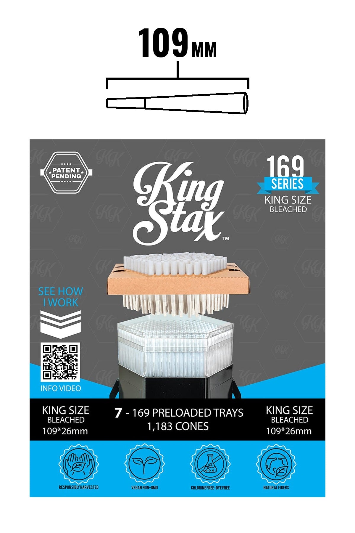 King Stax 169 Series King Size 109mm bleached pre-loaded cones box, 7 trays, 1,183 cones, with 109mm cone size chart