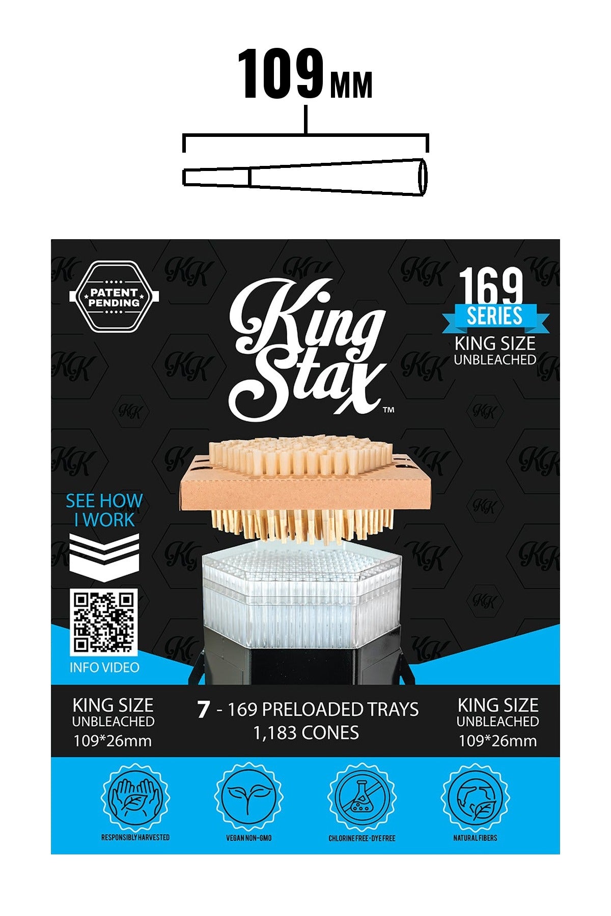 King Stax 169 Series King Size 109mm unbleached pre-loaded cones box, 7 trays, 1,183 cones, with 109mm cone size chart