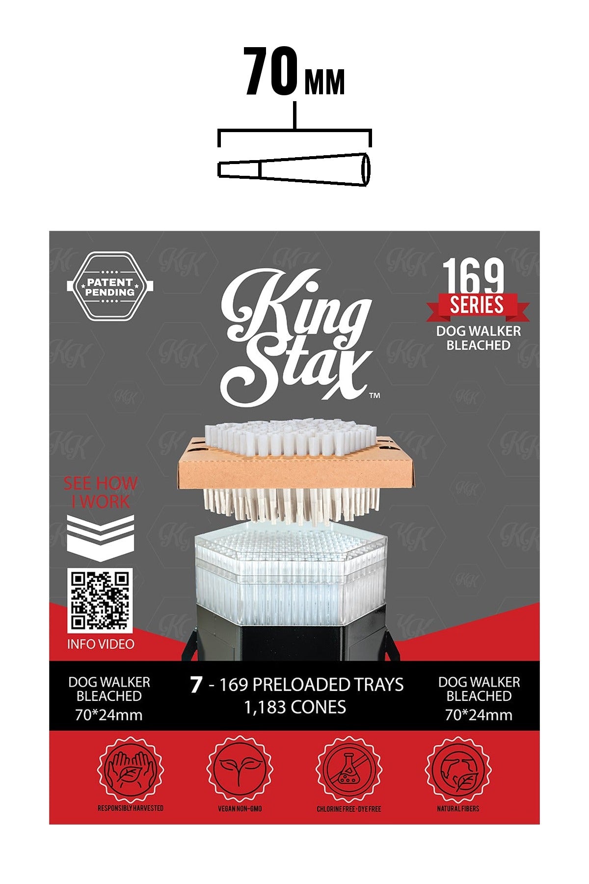 King Stax 169 Series Dog Walker 70mm bleached pre-loaded cones box, 7 trays, 1,183 cones, with 70mm cone size chart