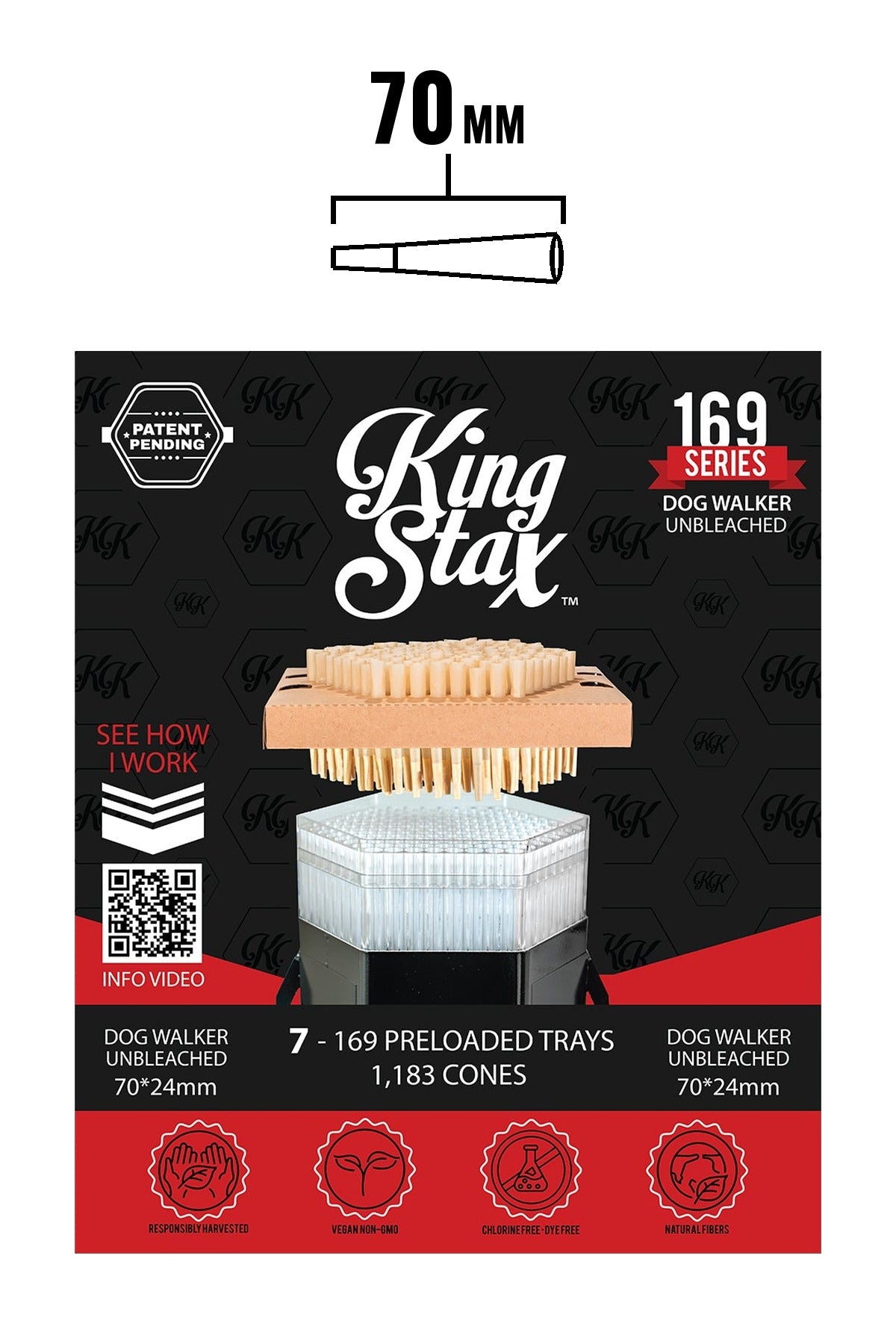 King Stax 169 Series Dog Walker 70mm unbleached pre-loaded cones box, 7 trays, 1,183 cones, with 70mm cone size chart