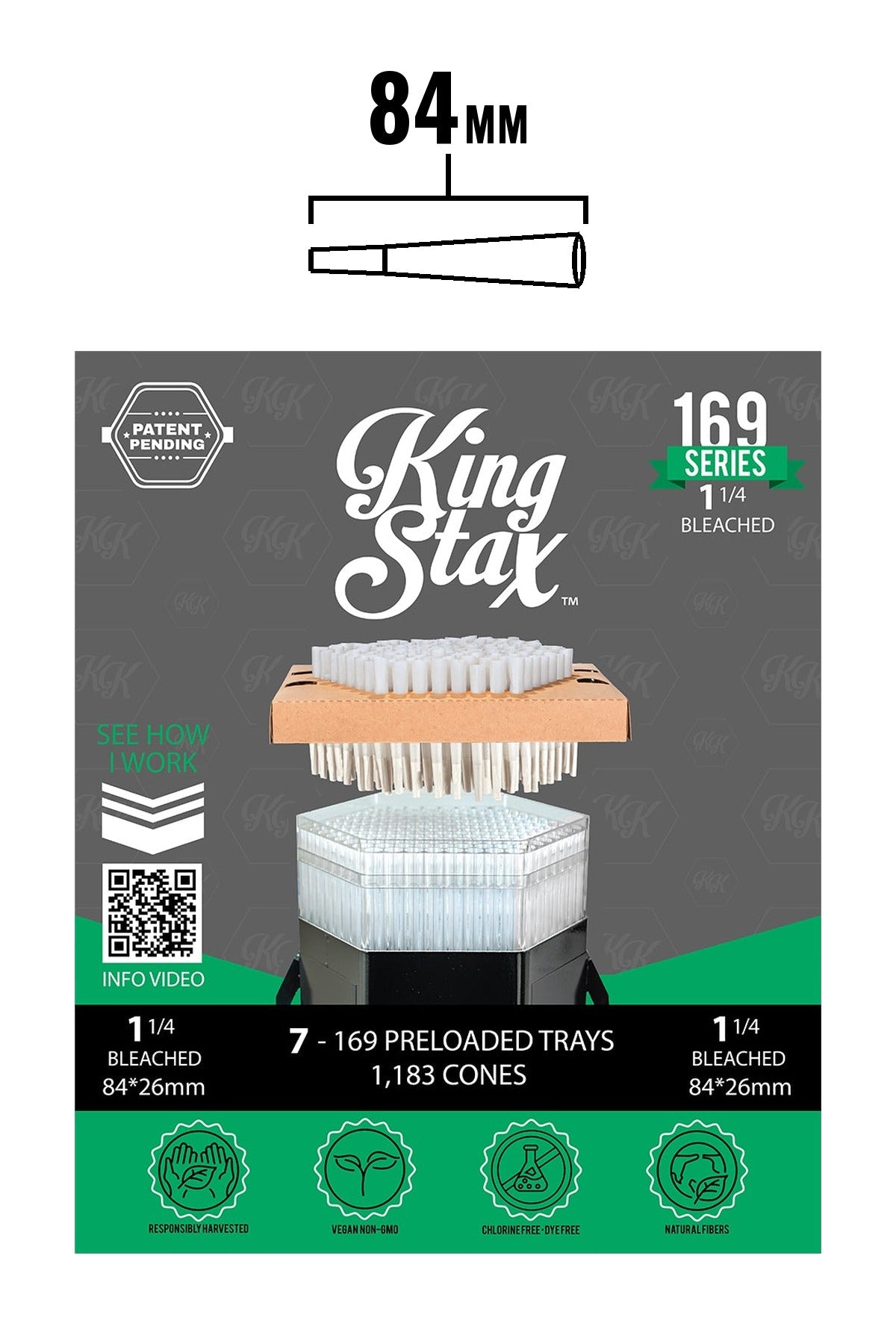 King Stax 169 Series 1 1/4 84mm bleached pre-loaded cones box, 7 trays, 1,183 cones, with 84mm cone size chart