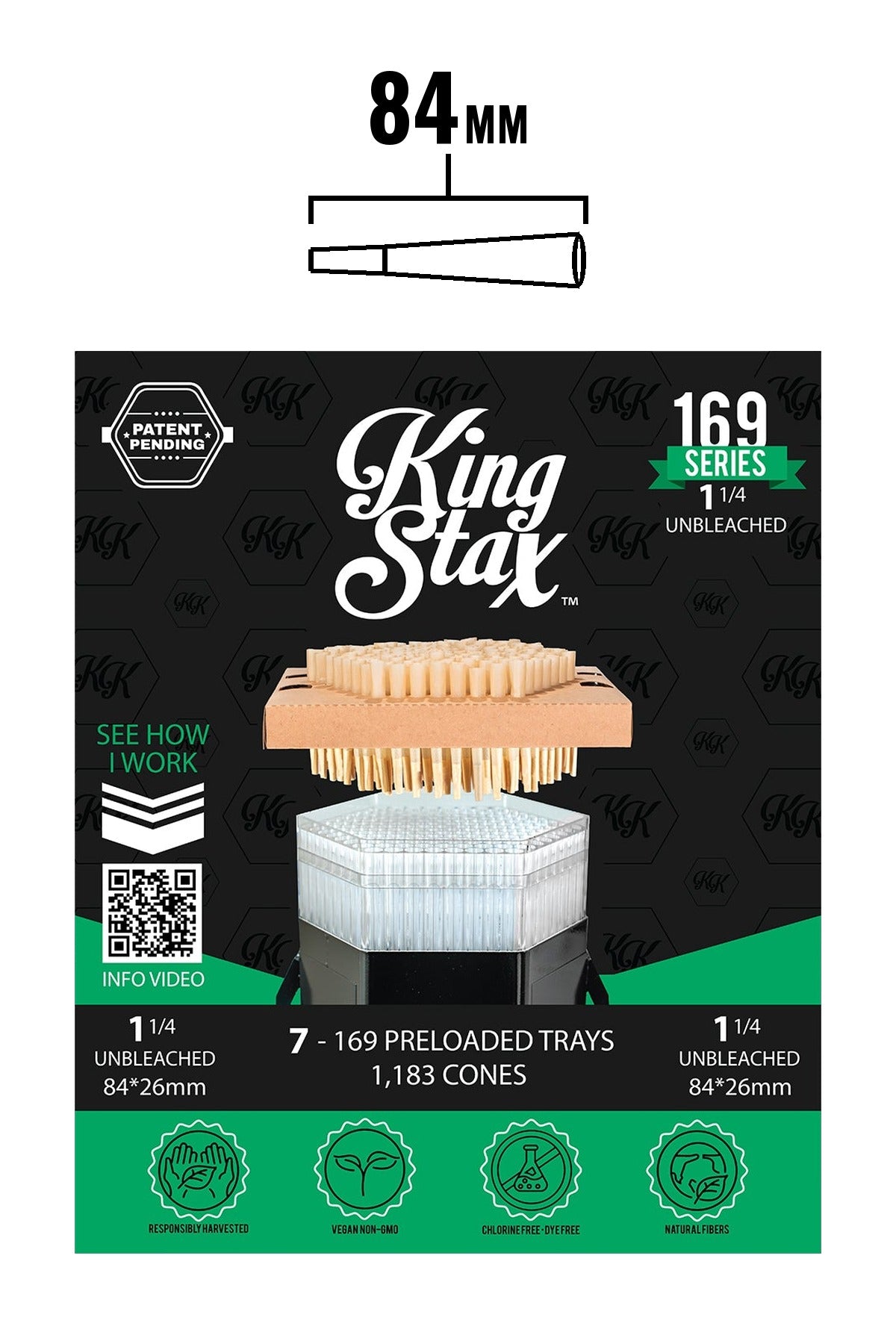 King Stax 169 Series 1 1/4 84mm unbleached pre-loaded cones box, 7 trays, 1,183 cones, with 84mm cone size chart