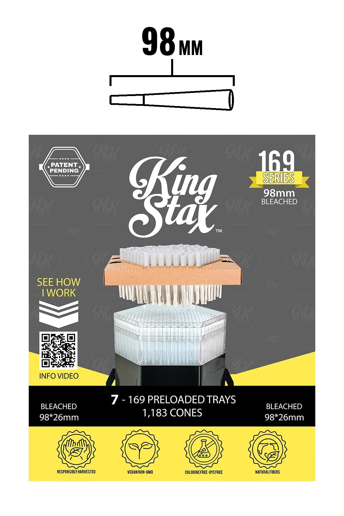 King Stax 169 Series 98mm bleached pre-loaded cones box, 7 trays, 1,183 cones, with 98mm cone size chart