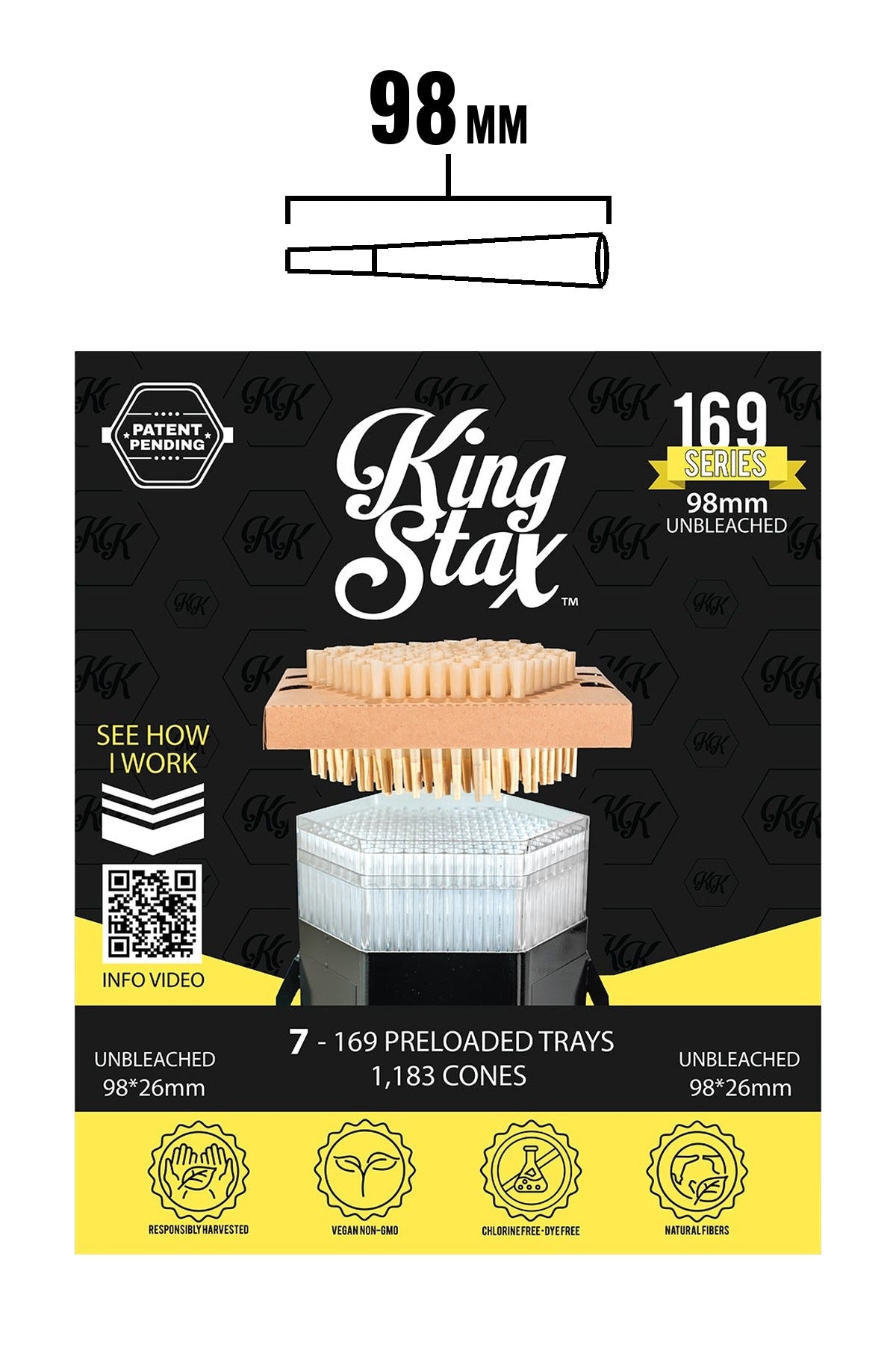King Stax 169 Series 98mm unbleached pre-loaded cones box, 7 trays, 1,183 cones, with 98mm cone size chart