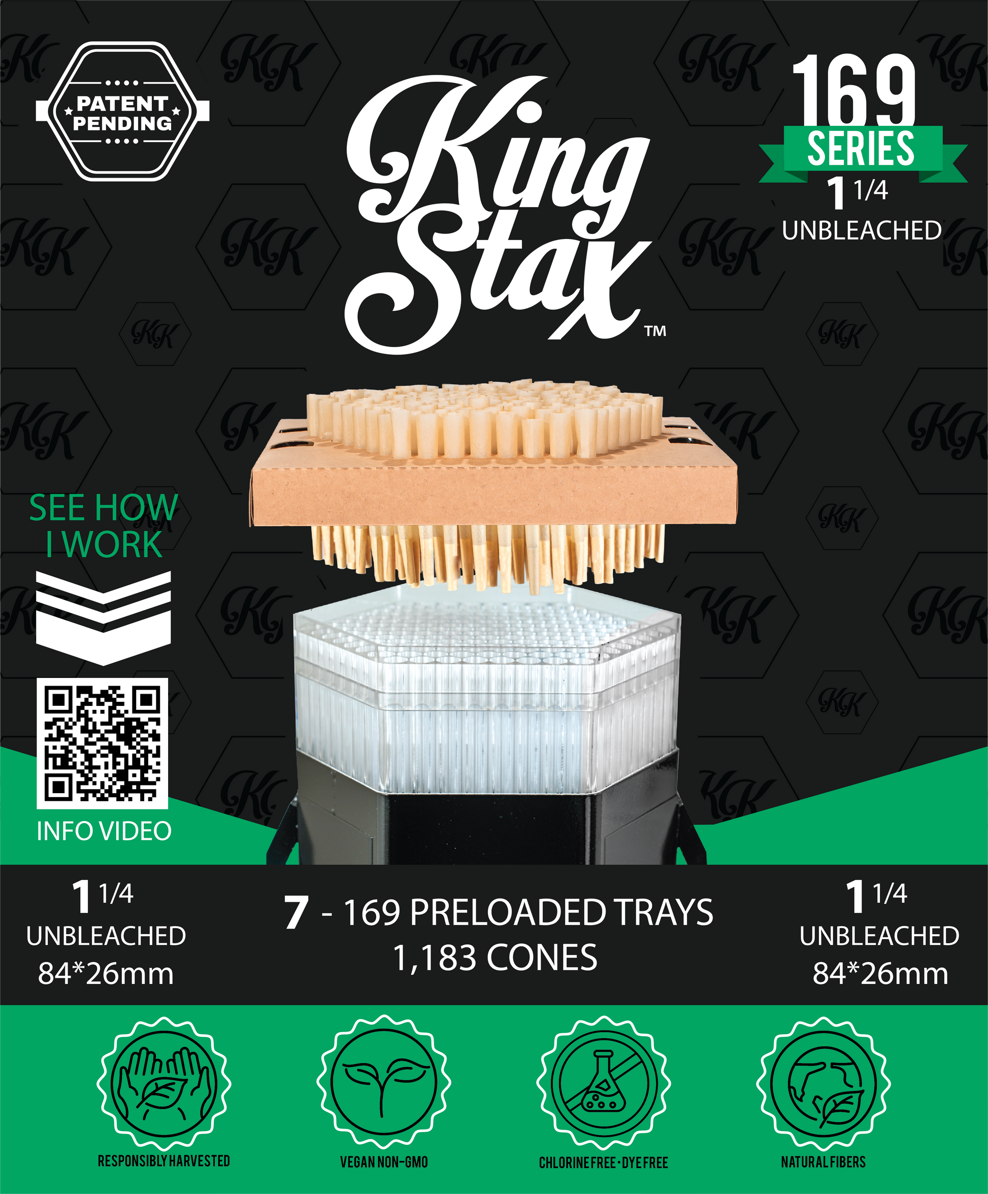 King Stax 1 1/4 Unbleached shown in a product graphic with the brand name, quantity of 169 series 1 1/4 unbleached, a demonstration of how the cone trays work, a QR code for an info video, and feature icons at the bottom.