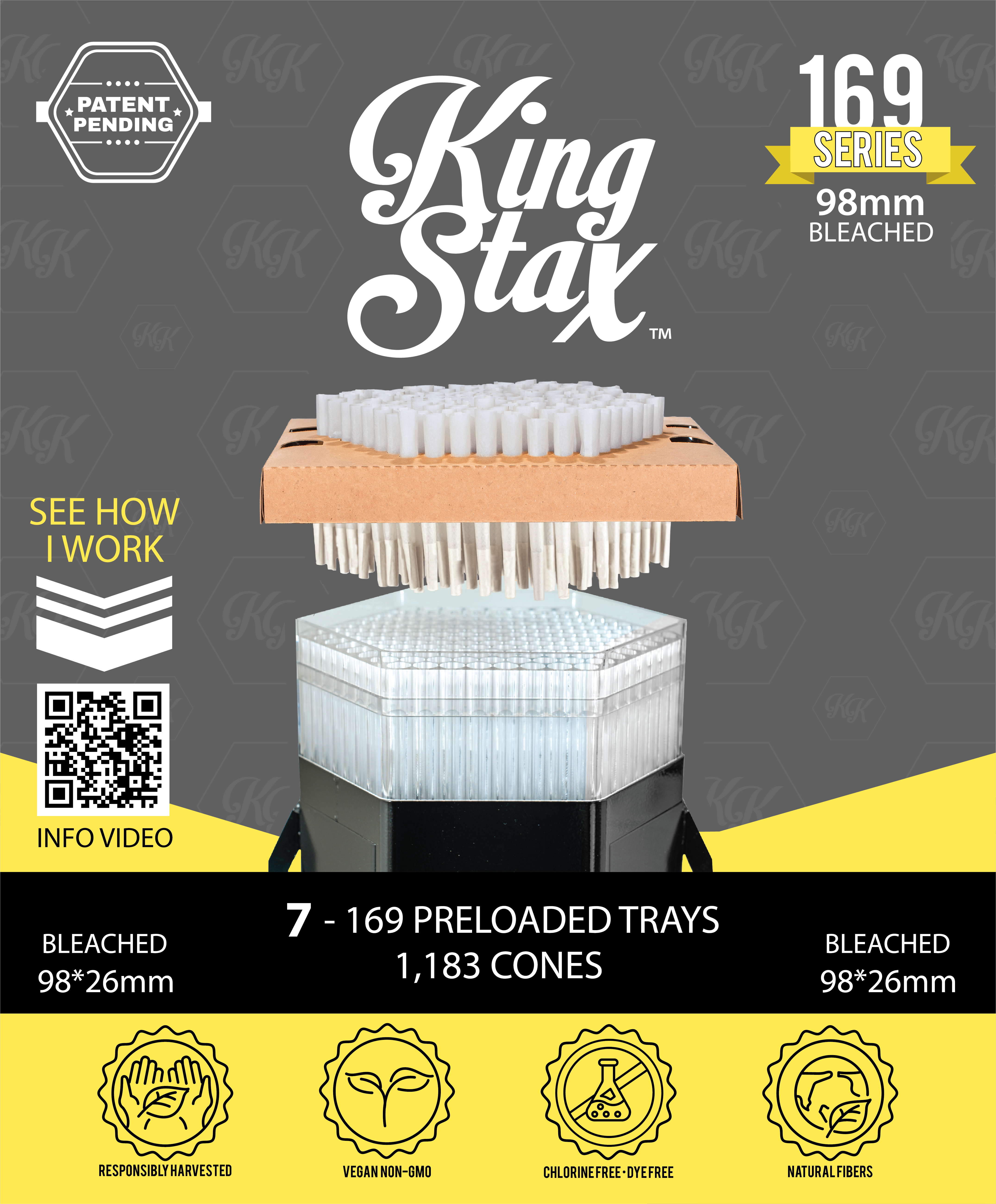 King Stax 7-169 Series 98mm Bleached preloaded conical paper filter cartridges, featuring a graphic layout with product specifications, a demonstration video QR code, and four certification logos on a dark gray and yellow background.