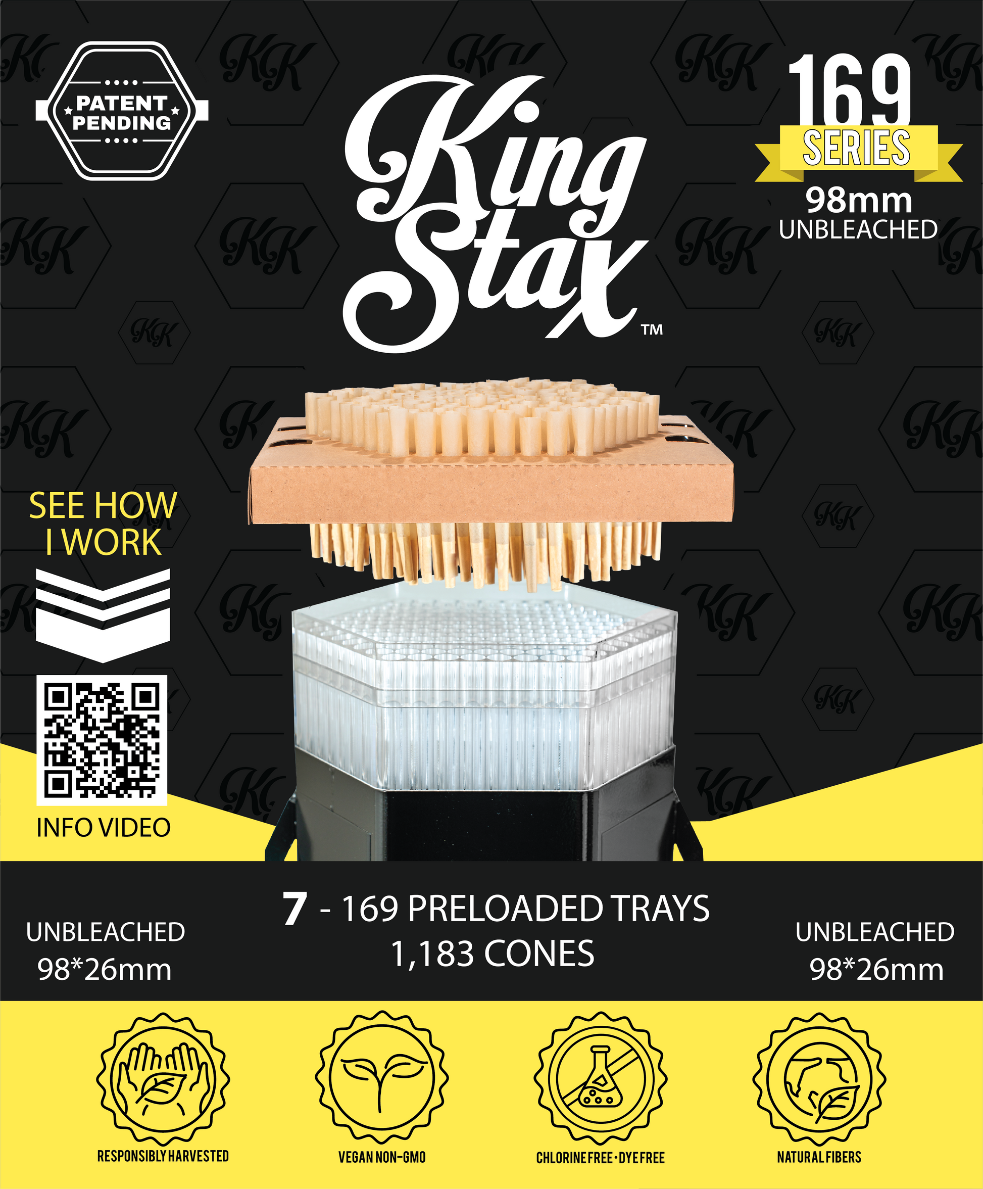 King Stax 169 Series 98mm Unbleached preloaded tray packaging. The packaging features a graphic of the unbleached yellow-colored preloaded tray floating above a black V2 machine