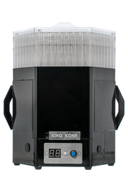 A black King Kone pre-roll cone filling machine with a digital display and two cones placed on top.