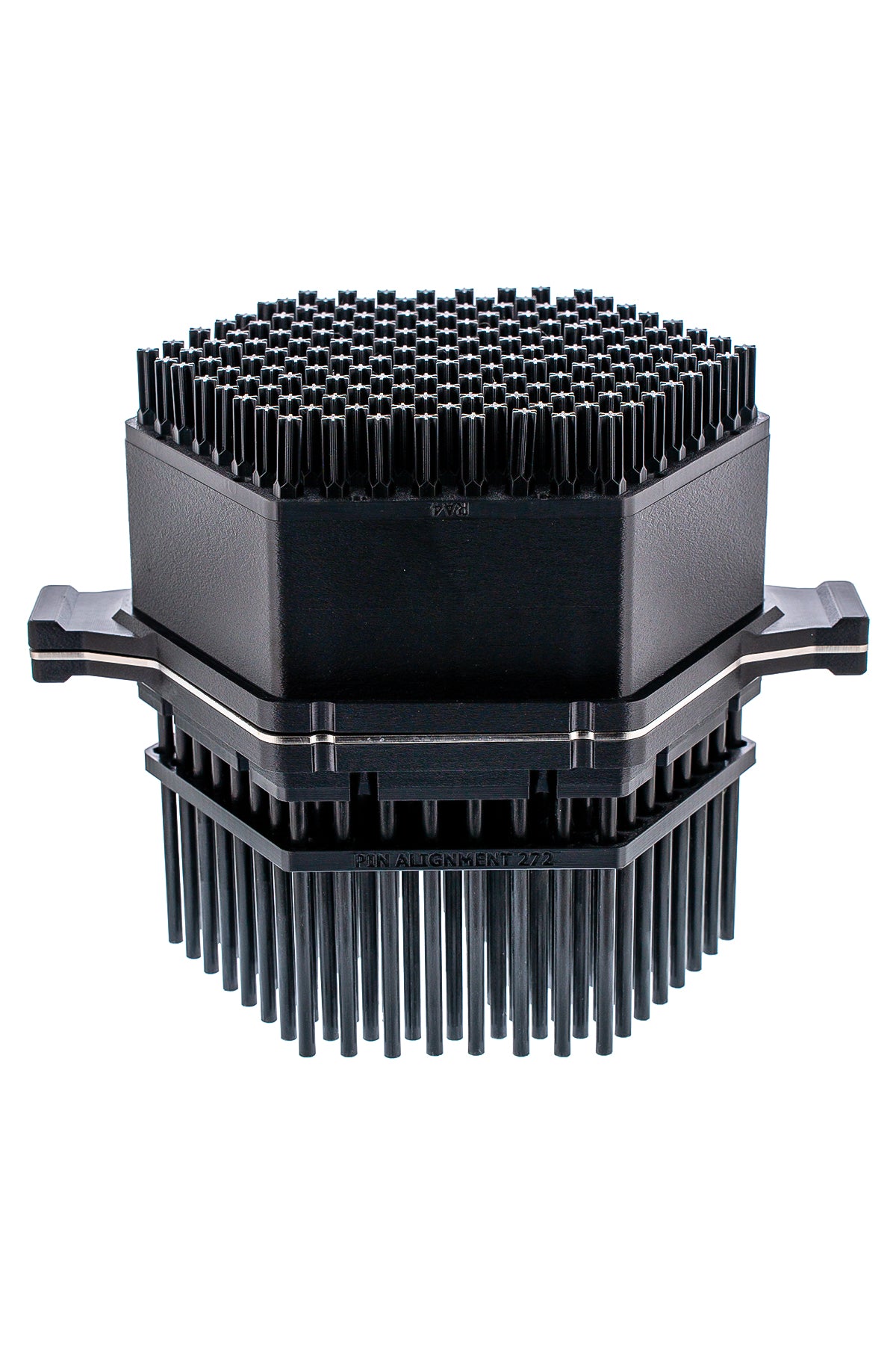 Elevated Front View, Full Assembly. Shows the star-shaped upper tips, housing, side tabs, and long lower pins.