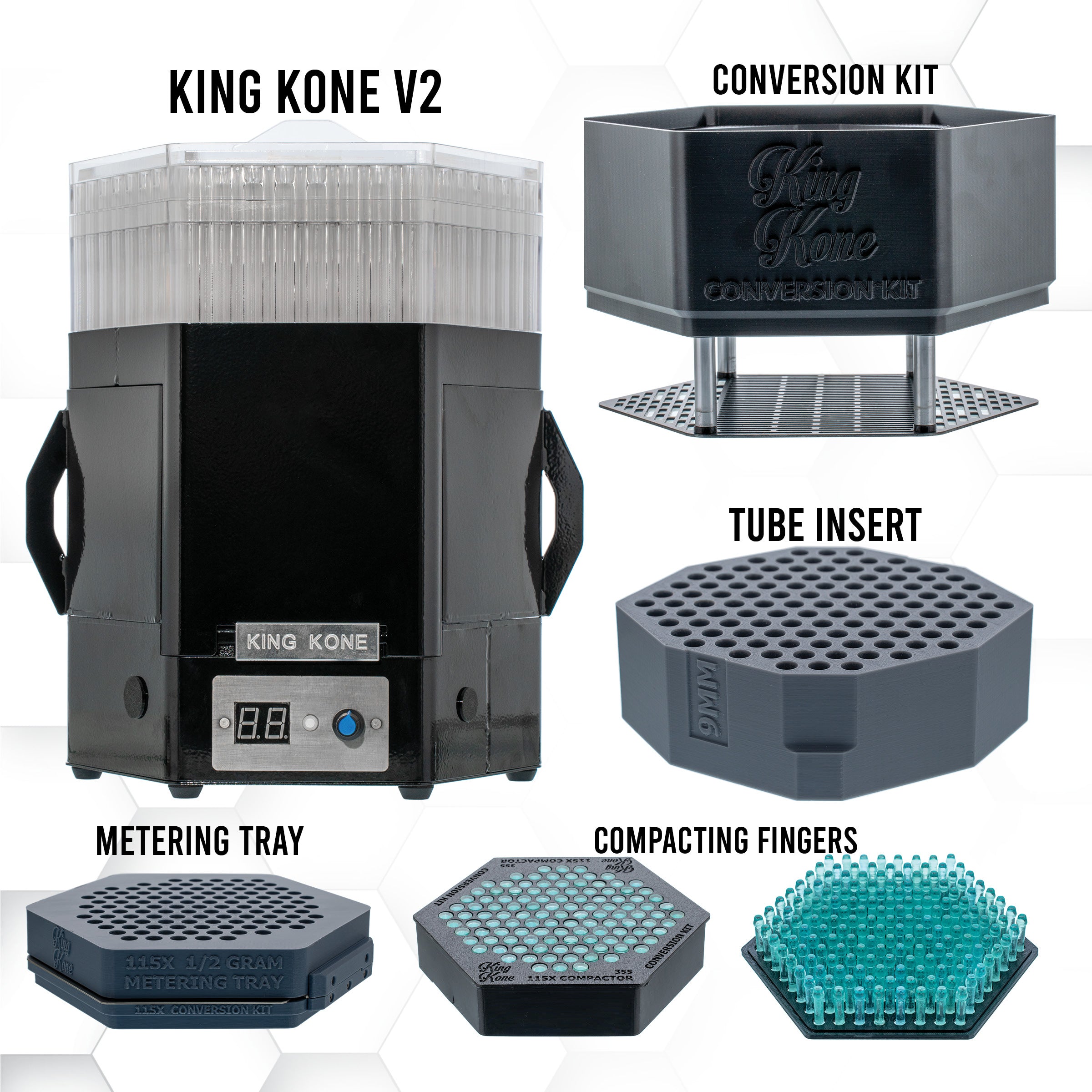 King Kone V2 shown with labeled accessories: conversion kit, tube insert, metering tray, compacting fingers, and a clear tube holder, on a white background.
